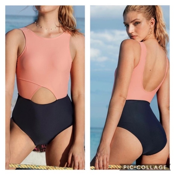 CUPSHE Hibiscus High Neck Keyhole One Piece Navy Floral Bathing Suit Size M - Picture 10 of 10